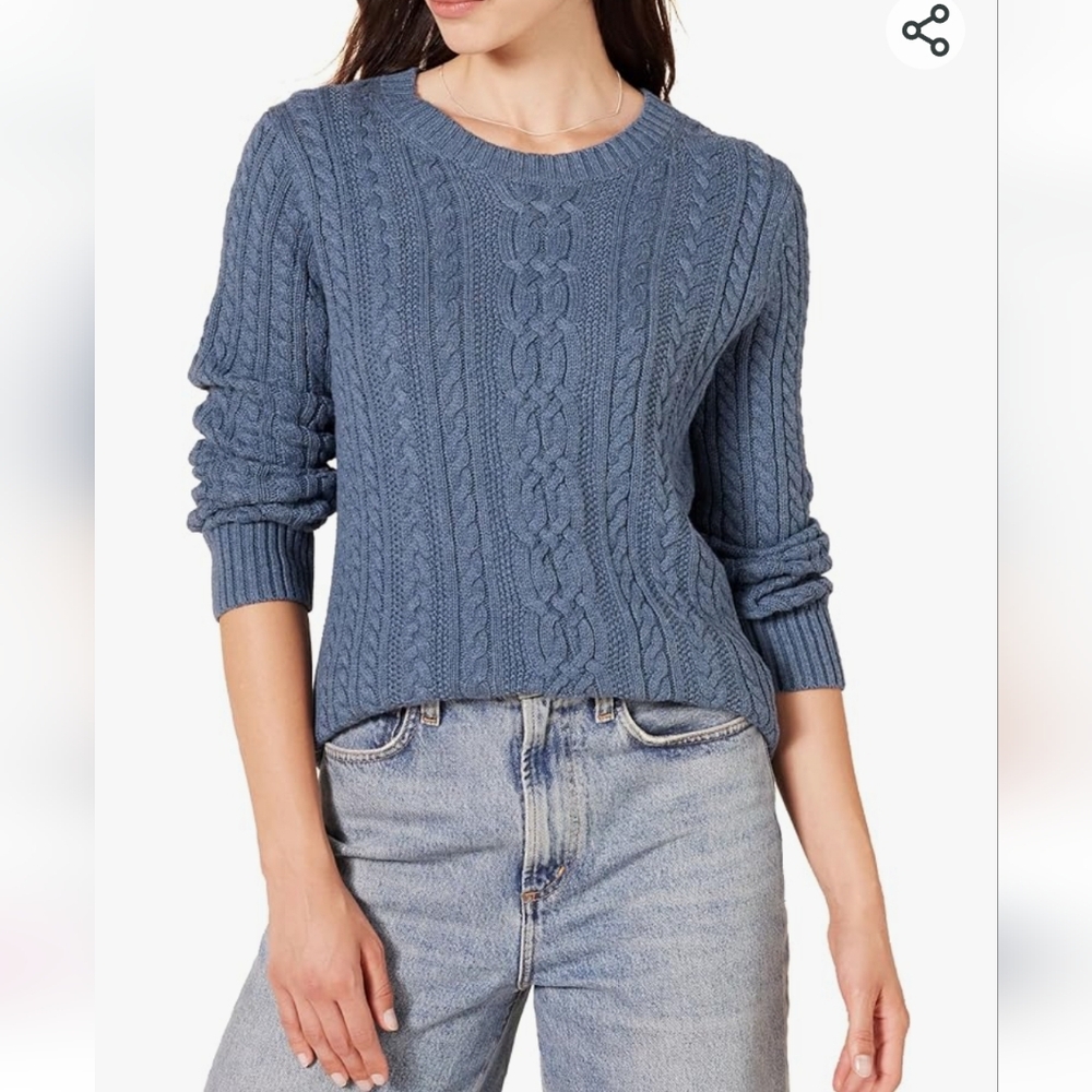 Amazon Essentials-Fisherman Cable Knit Crew Neck Sweater Blue Heather NWT